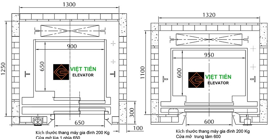 Bản vẽ kích thước hố thang máy gia đình 200 Kg Việt Tiến