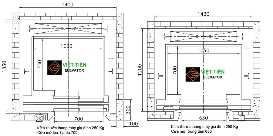 Bản vẽ kích thước hố thang máy gia đình 250 Kg Việt Tiến